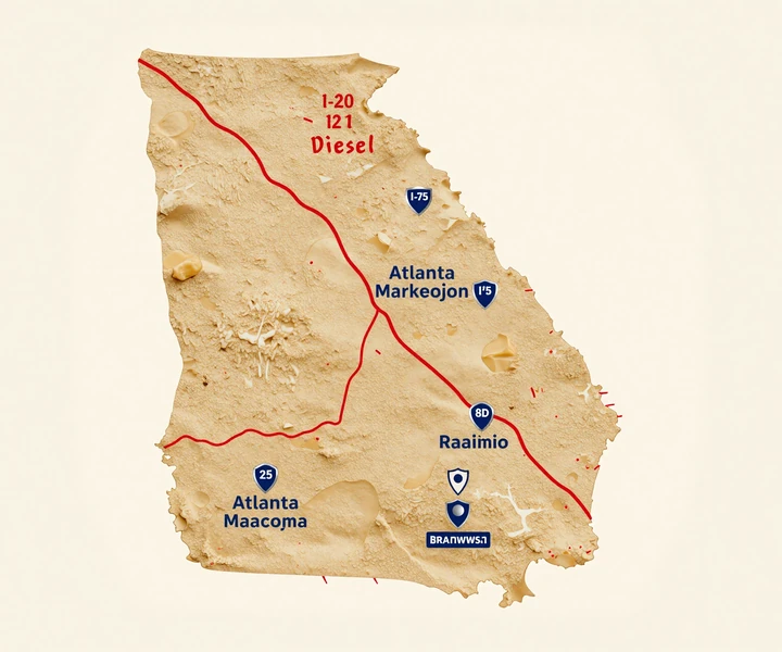 Georgia map with I-20, I-75, I-85 corridors and pin markers at Atlanta, Macon, Savannah, and Brunswick for trucker dating routes