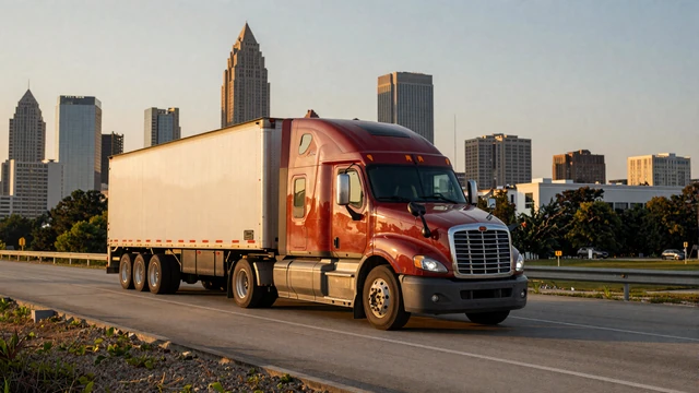 Semi truck on I-285 Atlanta beltway at golden hour, representing trucker dating Georgia