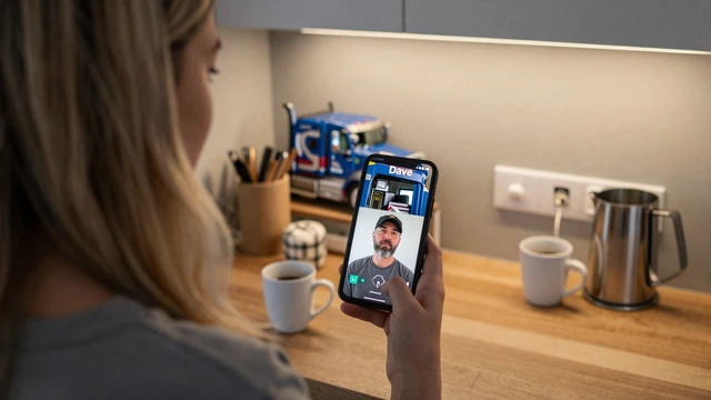 Evening video call between a partner at home and an OTR driver in his sleeper cab, illustrating long distance relationships with truckers