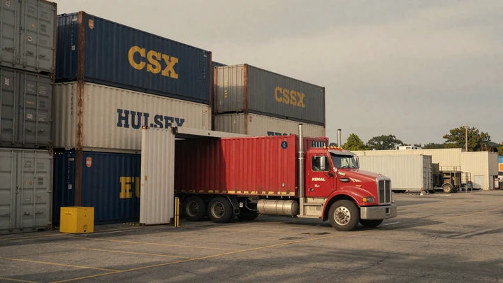 Red Kenworth truck waiting at the CSX Hulsey Yard gate in Forest Park, Atlanta intermodal trucker community
