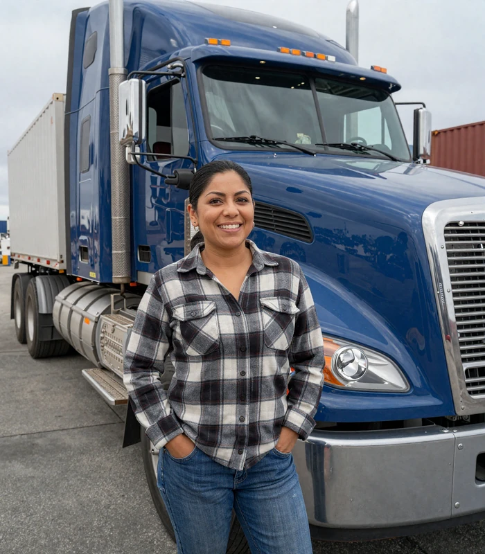 Latina port driver beside her blue Peterbilt day cab at the Port of Long Beach, representing California CDL dating community