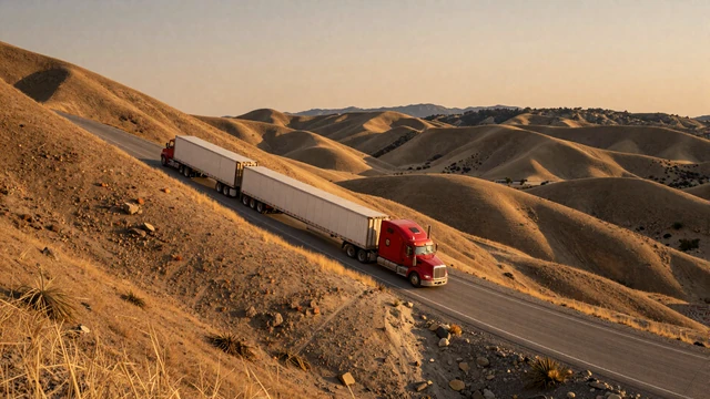 California I-5 freight corridor at sunset with a red Peterbilt climbing Tejon Pass, the broader trucker dating California community