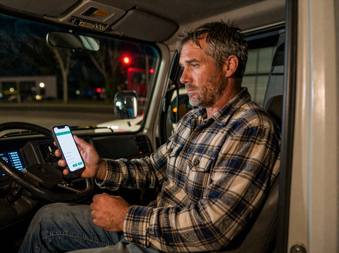 Frustrated OTR truck driver checking an empty dating app from inside his sleeper cab at a truck stop