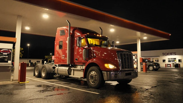 Lone red Peterbilt parked overnight at a Loves Travel Stop with warm cab light glowing, capturing truck stop loneliness and modern dating