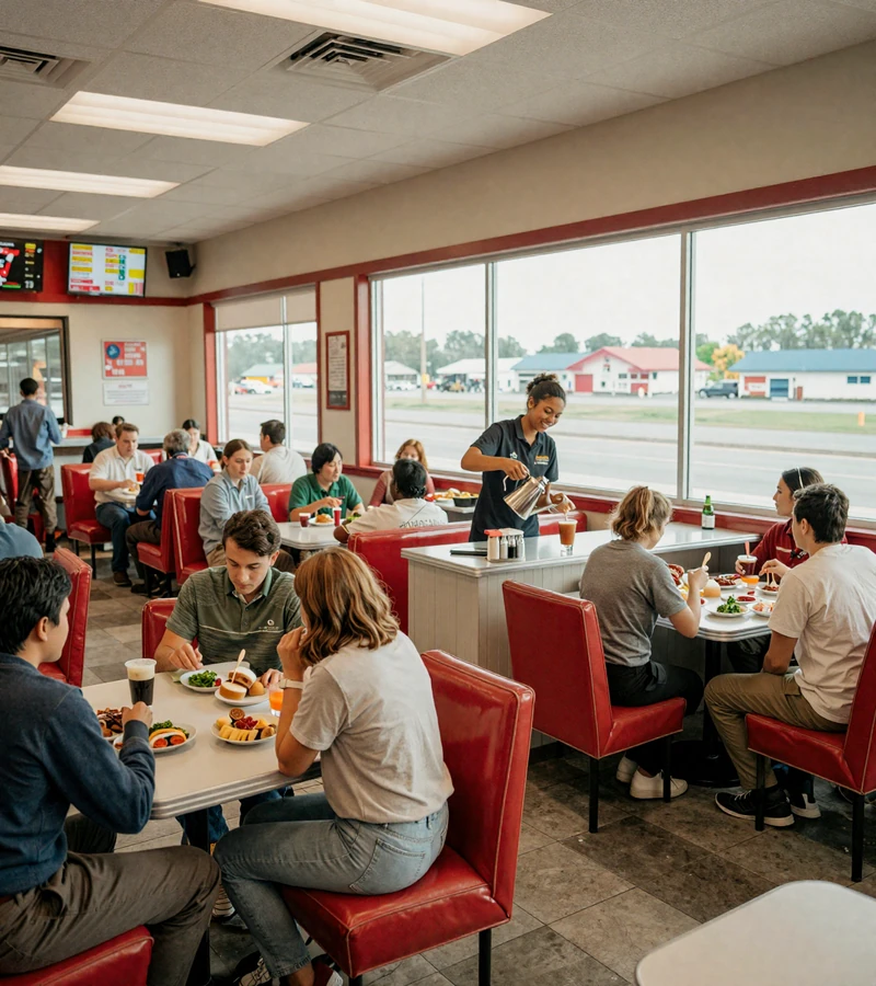 Busy American highway diner at lunch - the kind of well-lit, populated public location recommended for first trucker dates