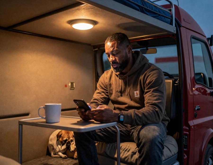 Marcus, an OTR driver, sitting in his sleeper cab at 9 PM with a phone and his dog, the quiet hour after parking at a truck stop