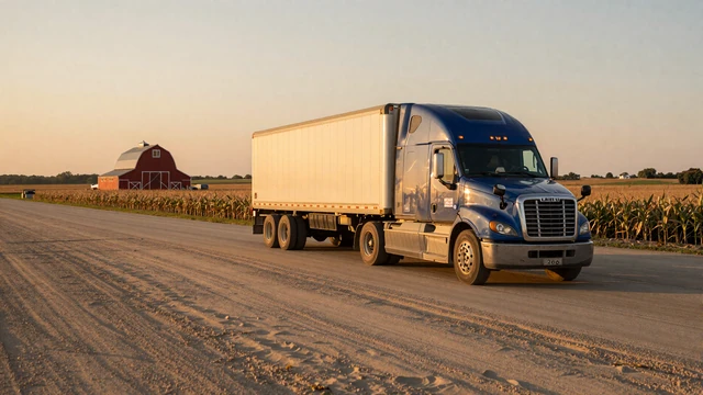 Semi truck on US-30 through Iowa cornfields at golden hour, representing trucker dating Iowa