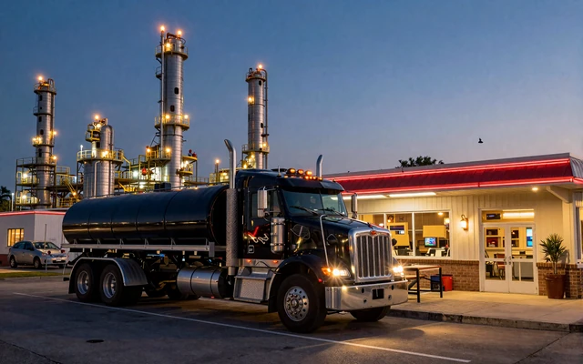 Black tanker truck parked at a Baytown diner with refinery stacks behind, representing HAZMAT trucker dating in the Houston metro