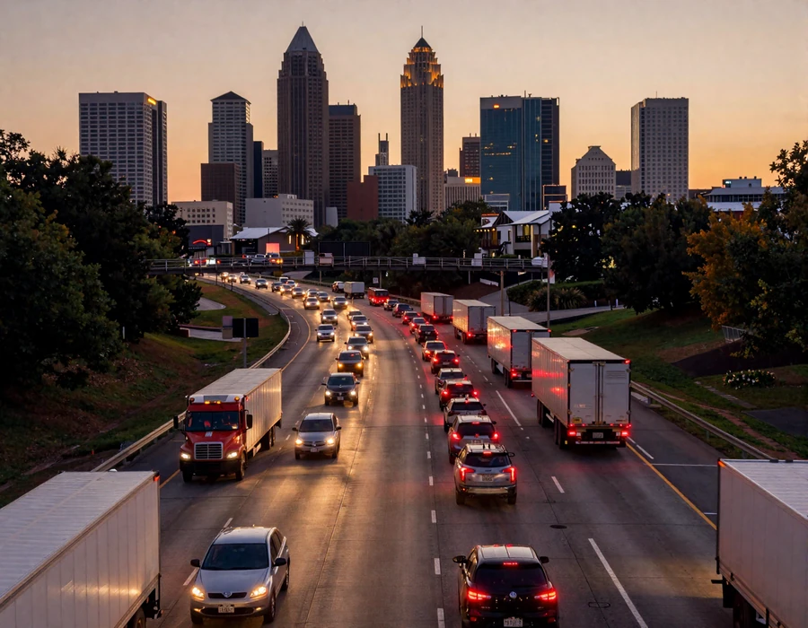 Aerial dusk shot of I-285 Perimeter freight traffic with Atlanta skyline in the background, capturing the city's trucking community