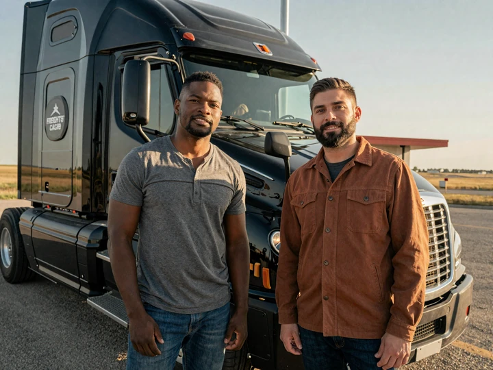 Devon and Marcus, two OTR truckers who met on RoadHeart, beside a Freightliner cab at a Nebraska I-80 rest stop