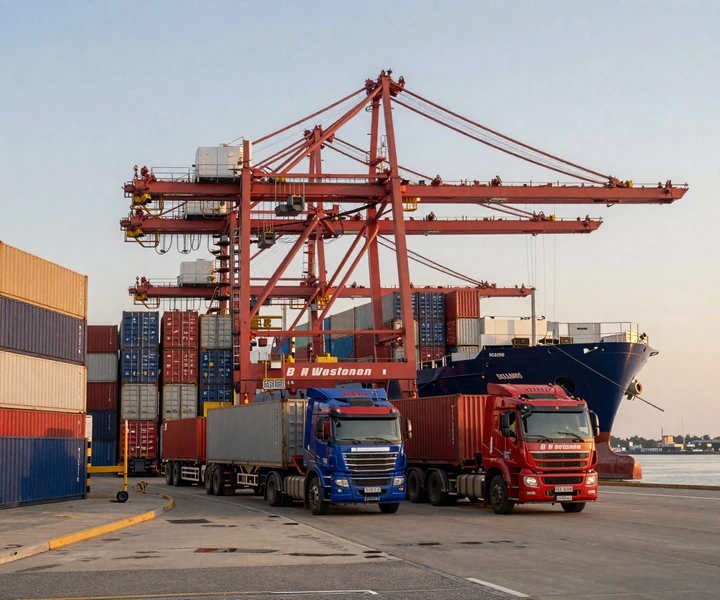 Port of Savannah container terminal at dawn with drayage trucks lined up, a key hub for Georgia trucker dating and CDL freight